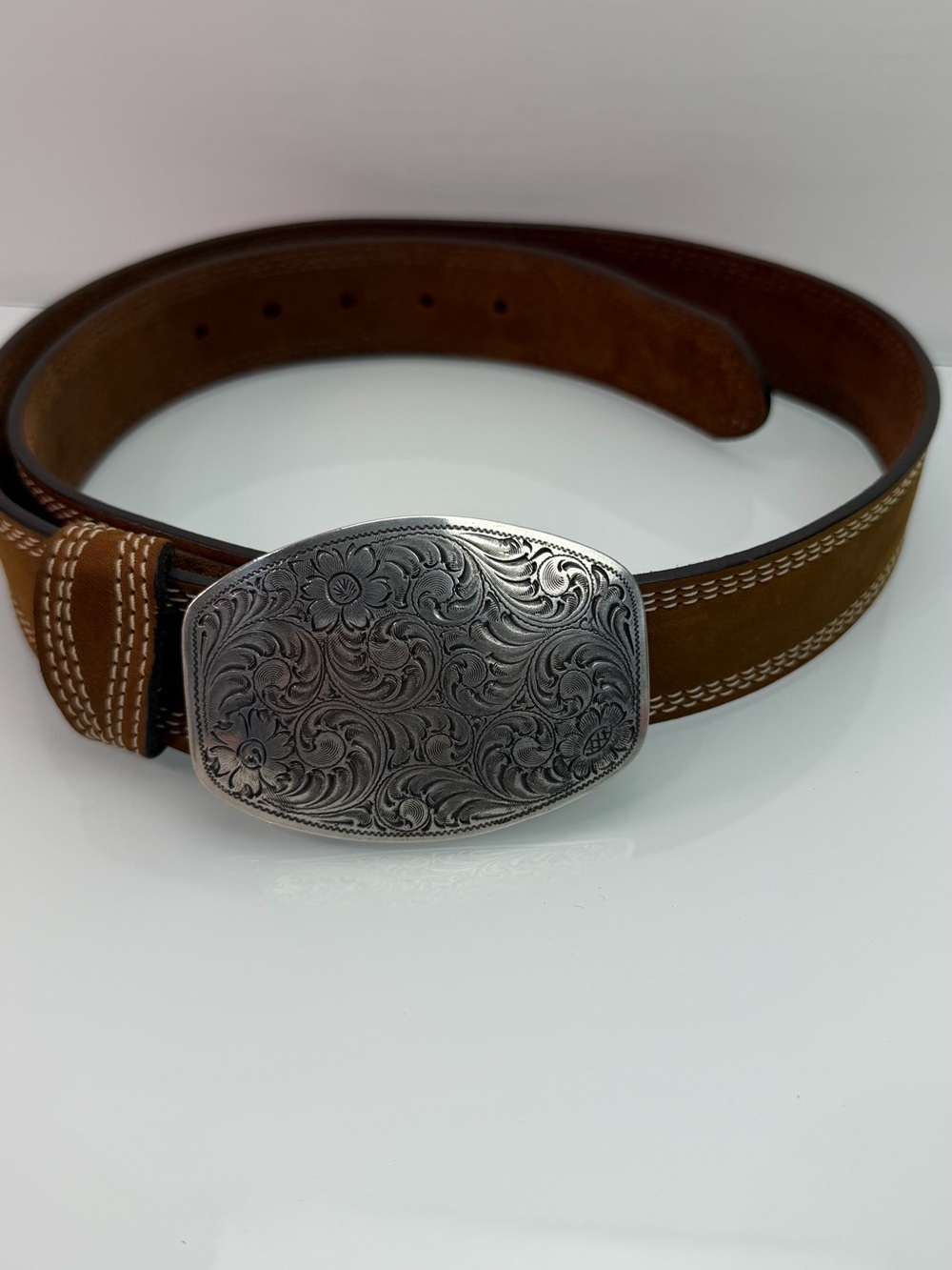 Justin Brown Suede Western Style Belt Size 38 Oval Buckle Flowers